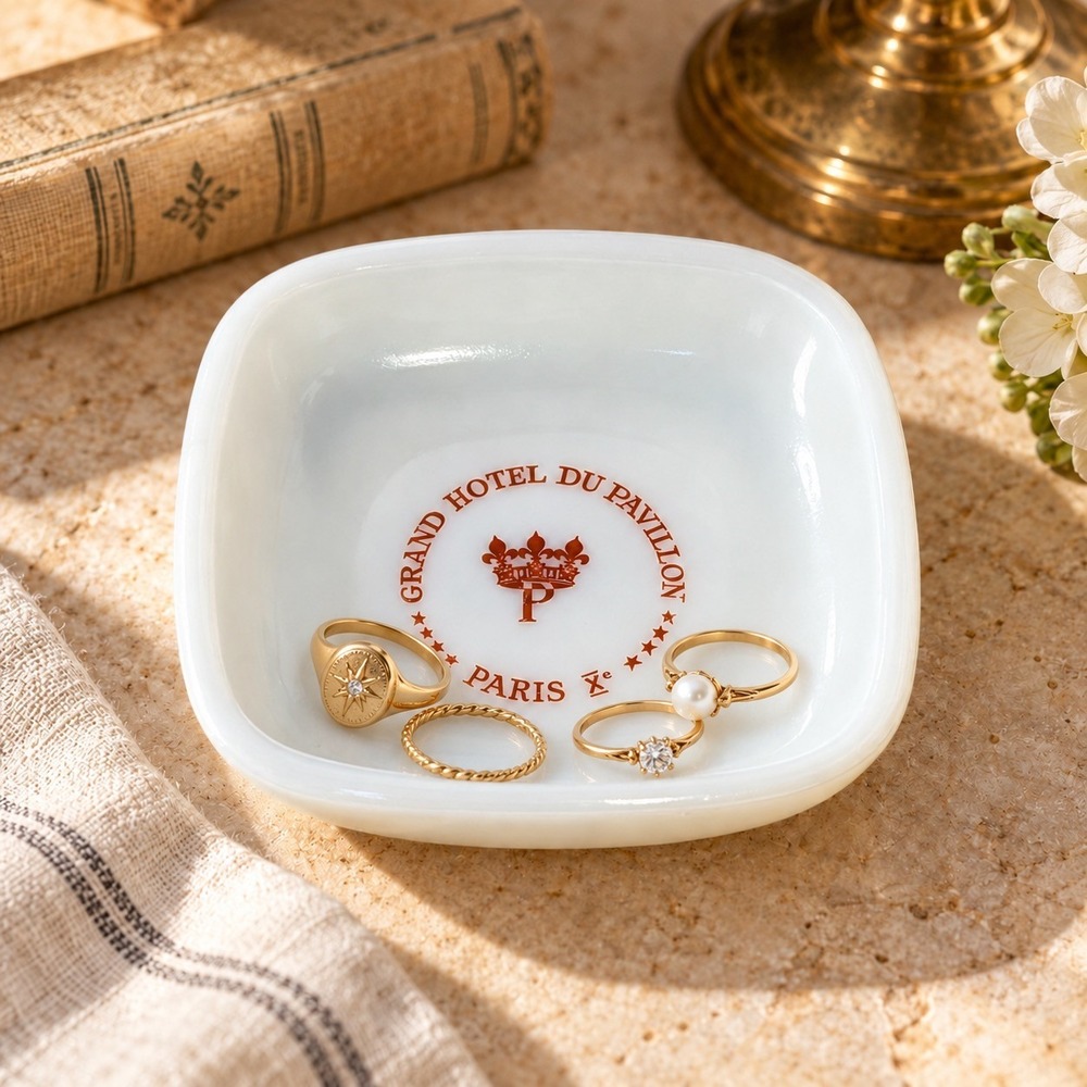 Vintage Opalex French Milk Glass Grand Hotel du Pavillon Paris Dish Catchall